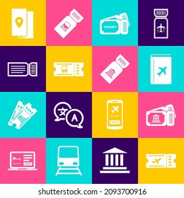 Set Airline ticket, Museum, Cover book travel guide, Ticket, Bus,  and  icon. Vector