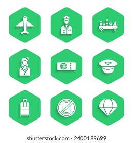 Set Airline ticket, No cell phone, Parachute, Pilot hat, Suitcase, Stewardess, Airport luggage towing truck and Plane icon. Vector