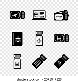Set Airline ticket, Online car sharing, Ticket, Train, Cover book travel guide and  icon. Vector