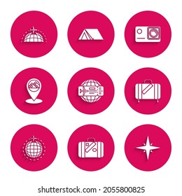 Set Airline ticket, Suitcase for travel and stickers, Wind rose, Globe with flying plane, Map pointer Egypt pyramids, Action extreme camera and  icon. Vector