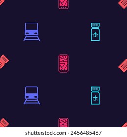 Set Airline ticket, Train, Infographic of city map and Ticket on seamless pattern. Vector