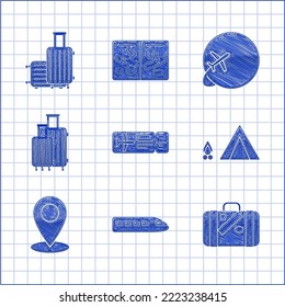 Set Airline ticket, Train, Suitcase for travel and stickers, Tourist tent with wood fire, Map pin, Globe flying plane and  icon. Vector