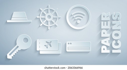 Set Airline ticket, Wi-Fi wireless internet network, Key, conditioner, Ship steering wheel and Man hat with ribbon icon. Vector