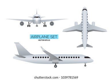 Set of airplains front, side and from above views.  Vector illustration for your graphic design.