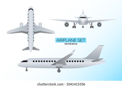 Set of airplains front, side and from above views.  Vector illustration for your graphic design.