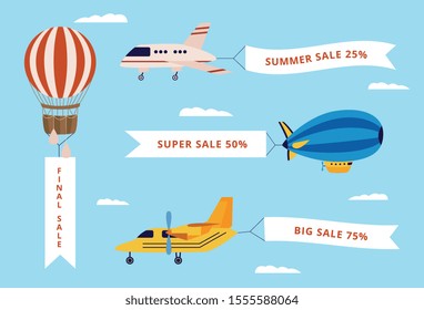 Set of airplane, airship and balloon with banners with text. Flat cartoon vector illustration of flying vehicles .
