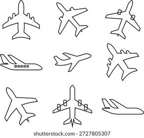 Conjunto de iconos planos de aviación de avión para App, logotipo y Sitio web. Icono de avión, Vector. Signo y símbolo del avión. Avión de vuelo, transporte de aeronaves