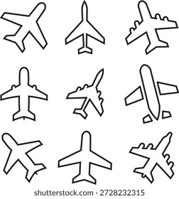 Conjunto de iconos planos de aviación de avión para App, logotipo y Sitio web. Icono de avión, Vector. Signo y símbolo del avión. Avión de vuelo, transporte de aeronaves