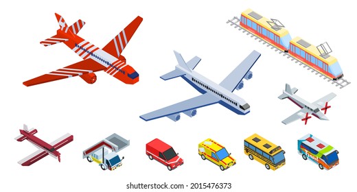 set of airplane cars and tram with bus. drawing in isometric style vector