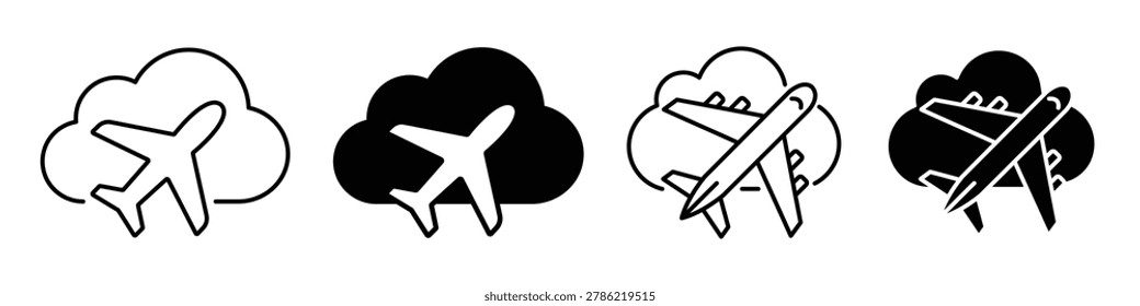 Set of airplane and cloud icons. Flight, aviation, travel, journey, tourism, transport symbol. Flat, outline, solid style, web pictogram, mobile app sign.