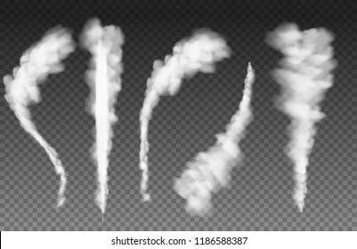 Set Airplane condensation trails. Jet or Plane track. Foggy trail in the sky from the rocket isolated on transparent background. 