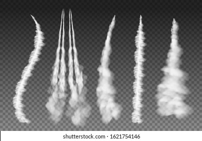 Set of Airplane condensation trails. Smoke trail. Plane trails smoke avion cloud vapour sky contrail abstract rocket trailing clouds. Trailing smoke clouds.