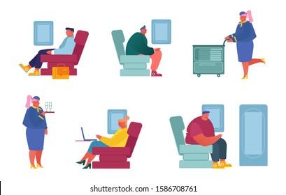 Set Airplane Crew and Passenger Characters in Plane Isolated on White Background. Stewardess Give Drink to Happy People Sitting on Chairs of Aircraft Airline Service Cartoon Flat Vector Illustration