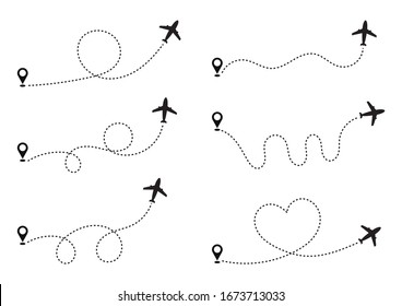 set of airplane dashed lines path with start point and dash line trace. around the world travel concept. Isolated on white background. vector illustration.