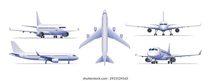 Set of airplane in different views vector illustration. Aircraft isolated on white background