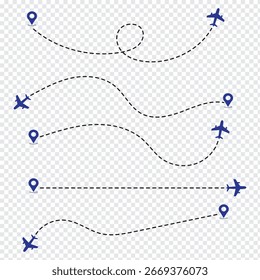 Un conjunto de aviones con rutas de vuelo punteadas, perfecto para diseños relacionados con el vuelo, conceptos de planificación de viajes y gráficos de viajes en avión. Línea aérea Línea discontinua con avión y pin. Icono de la ruta del viaje mundial. 