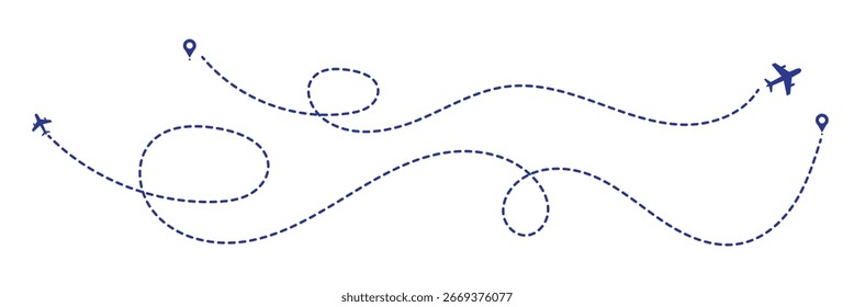 Um conjunto de aviões com trajetórias de voo pontilhadas, perfeito para projetos relacionados a voo, conceitos de planejamento de viagem e gráficos de viagem aérea. Linha tracejada da rota aérea com plano e pino. Ícone da Rota de Viagem Mundial. 