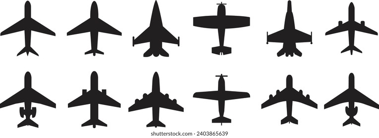 Conjunto de elementos de silueta de despegue de vuelo de vuelo de vuelo de avión. Icono de viaje. Los vectores de avión diseñados con el estilo de relleno negro se pueden utilizar para aplicaciones web y móviles con fondo transparente.