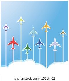 set of airplane in fun colors with clouds