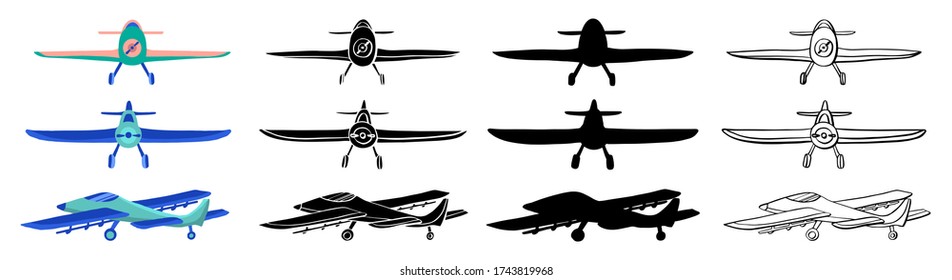 Ponga el avión en un doodle dibujado a mano y estilo de dibujos animados aislados en un fondo blanco. Conjunto de contorno vectorial de aviones agrícolas, silueta e íconos coloreados para niños libro de colorear.