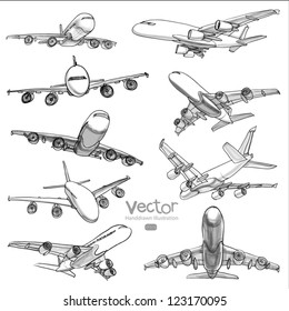 Set Airplane hand drawn vector line illustration