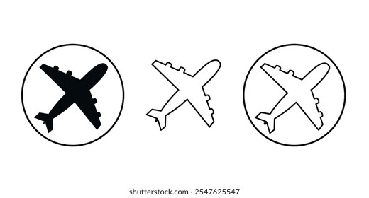 Set of airplane icons in black, white, and outlined styles within ovals. Travel and aviation concept