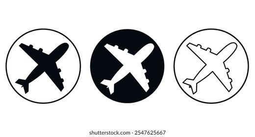 Set of airplane icons in black, white, and outlined styles within ovals. Travel and aviation concept