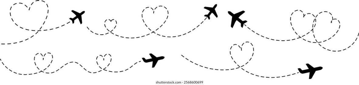 Set of airplane icons with continuous dotted lines in the shape of a heart. Symbolic illustration is perfect for Valentine's Day or love stories on the theme of travel. Vector EPS 10