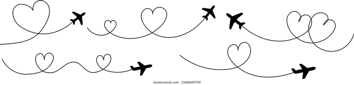 Set of airplane icons with continuous lines in heart shape. Symbolic illustration is perfect for Valentine's Day or love stories with travel theme. Vector EPS 10