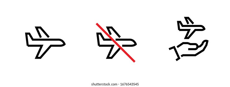 Set of Airplane icons. Editable line vector. Symbol airplane flies, crossed out red line and above the palm. Single pictogram.