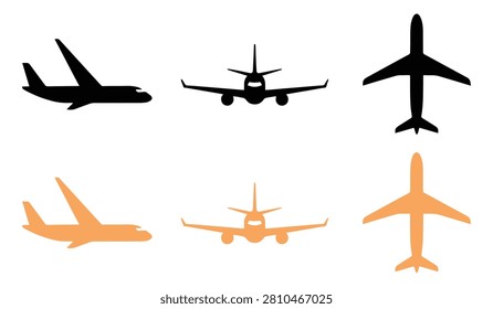Set of Airplane Icons Featuring Side Profile, Front View, and Top-Down Aircraft Silhouettes in Black and Light Orange Styles, vector, illustration, silhouette.