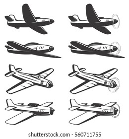 Set of airplane icons isolated on white background. Design elements for logo, label, emblem, sign. Vector illustration