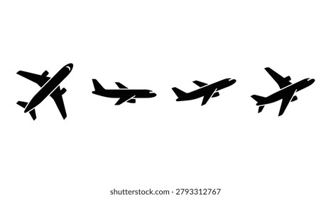 Set of airplane icons showing various flight angles with airplane aviation aircraft silhouette