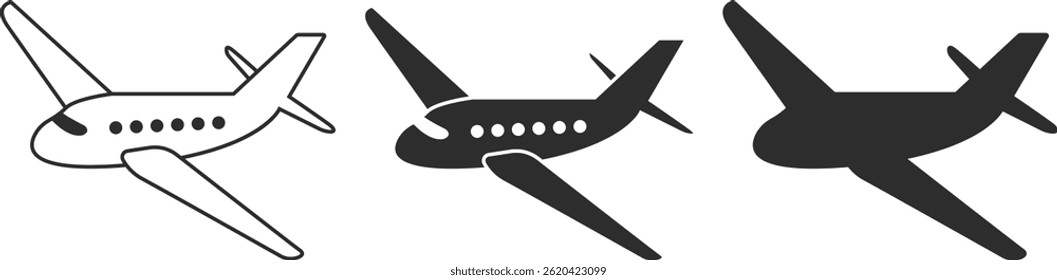 Set of airplane icons in simple style, silhouette, line and isolation airplane icons in black color.