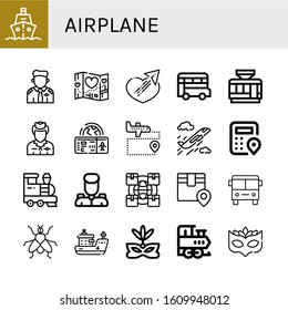 Set of airplane icons. Such as Ship, Pilot, Travel, Sending, Bus, Tramway, Flight attendant, Boarding pass, Airport, Plane, Logistics, Train, Military, Fly, Eye mask , airplane icons