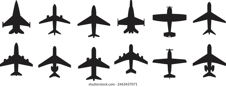 Set of Airplane icons. Airplane vectors designed in black Fill styles can used for web and mobile app. Travel icons. Flight ticket air fly travel takeoff silhouette elements on transparent background.