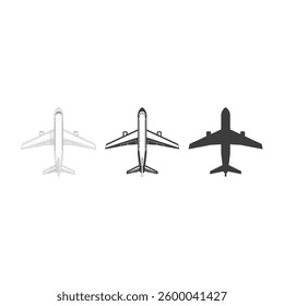 A set of airplane icons viewed from above. Three variations: detailed, outlined, and solid black. Represents aviation, travel, flights, and transportation.