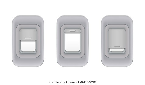 Set of airplane indoor portholes. Realistic aircraft interior windows. Airplane fuselage glass porthole. Empty plane windows isolated. vector illustration