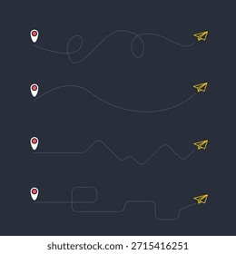 Conjunto do ícone de trajeto da linha de avião da rota de voo do avião com ponto inicial e traço da linha traço. Avião de papel com linha tracejada. Rota de voo.