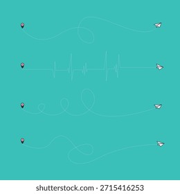 Conjunto do ícone de trajeto da linha de avião da rota de voo do avião com ponto inicial e traço da linha traço. Avião de papel com linha tracejada. Rota de voo.