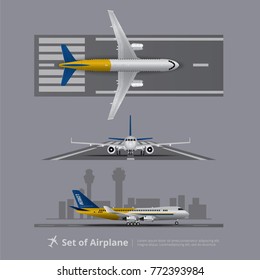 Set of Airplane on Runway Isolated Vector Illustration 