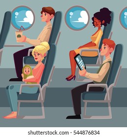 Set of airplane passenger in economy class - businessman, mother and baby, Caucasian man and African woman, cartoon vector illustration on white background. Passengers in airplane seats, economy class