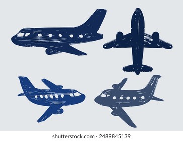 Set of airplane passenger travel blue silhouettes. Aeroplane vector icon aircraft isolated symbol shape. Hand drawn simple model airplane, painted with a brush stroke. Funny airplanes.