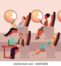 Set Of Airplane Passengers In Business Class - Reading, Drinking, Working And Sleeping, Cartoon Vector Illustration On White Background. Male And Female Passengers In Airplane Seats, Business Class