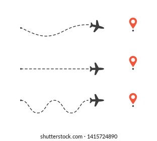 Set of airplane path to location pin. Plane route lines. Tourism and travel vector illustration.