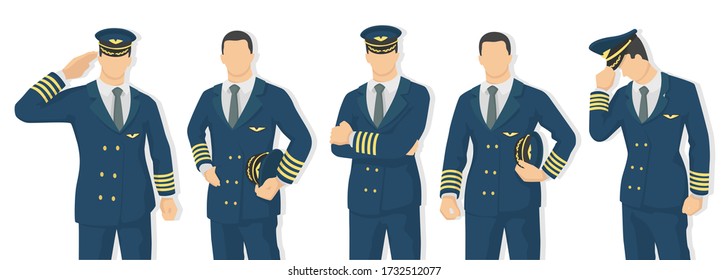 Conjunto de pilotos de avión en ilustración vectorial de estilo moderno, hombre simple sombra plana aislada en fondo blanco, capitán.