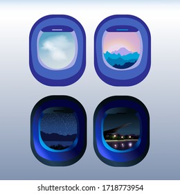 Set of airplane portholes with different views outside the window on the sky vector illustration