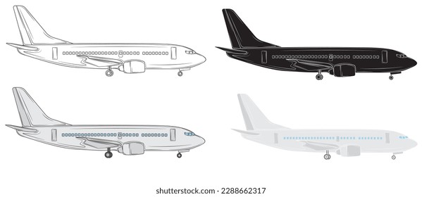 Conjunto de aviones en perfil aislado sobre fondo blanco. Ilustración vectorial.