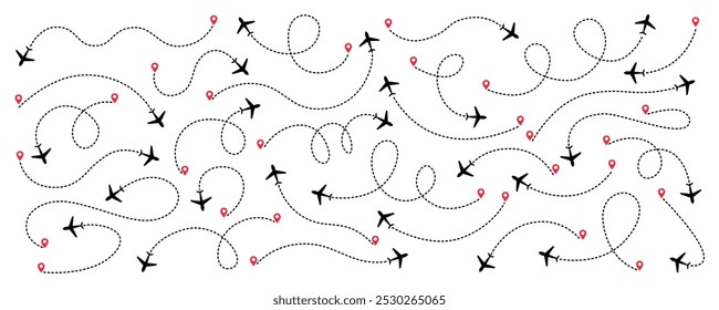 Conjunto de rotas do avião em traços de linha tracejada. Linhas de rota planas de rastreamento de aeronaves, pinos de localização, aviões, viagens, pinos de mapa no fundo branco. Ilustração vetorial para infográfico, mapa, faixa