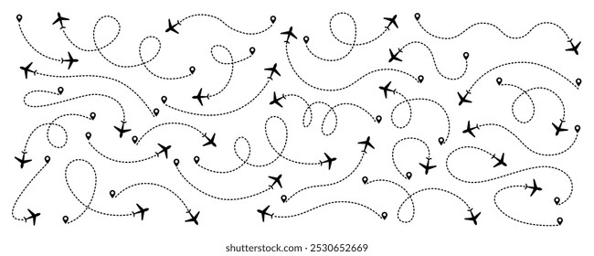 Conjunto de rotas do avião em traços de linha tracejada. Linhas de rota planas de rastreamento de aeronaves, pinos de localização, aviões, viagens, pinos de mapa no fundo branco. Ilustração vetorial para infográfico, mapa, faixa